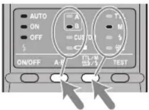 SONY HVL-MT24AM - Appuyez sur la touche A-B (touche de sélection A-B du flash double) pour sélectionner l'élément, puis appuyez sur la touche TTL/M/Test pour sélectionner le réglage souhaité. - 1