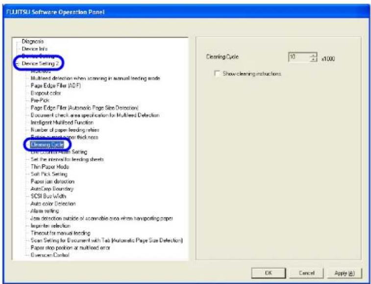 FUJITSU fi-5950 - Select [Device Setting 2] from left side list in the window, and select [Cleaning Cycle] from its lower level. - 1