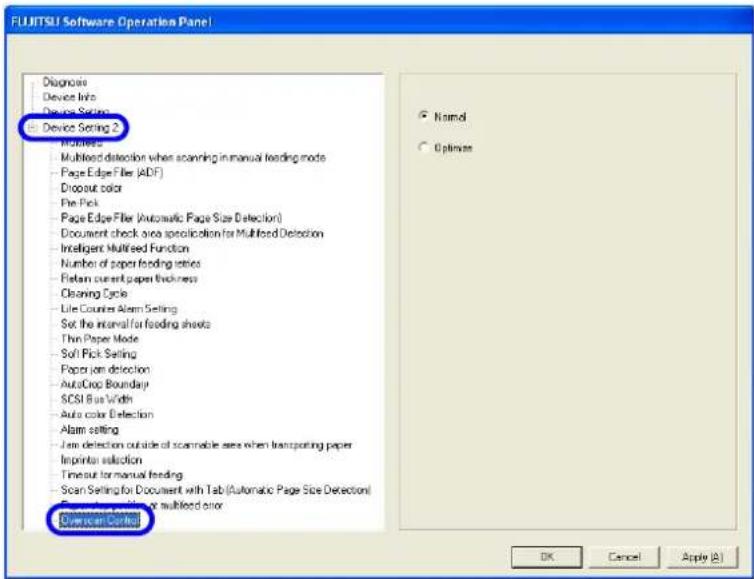 FUJITSU fi-5950 - Select [Device Setting 2] from left side list in the window, and select [Overscan Control] from its lower level. - 1