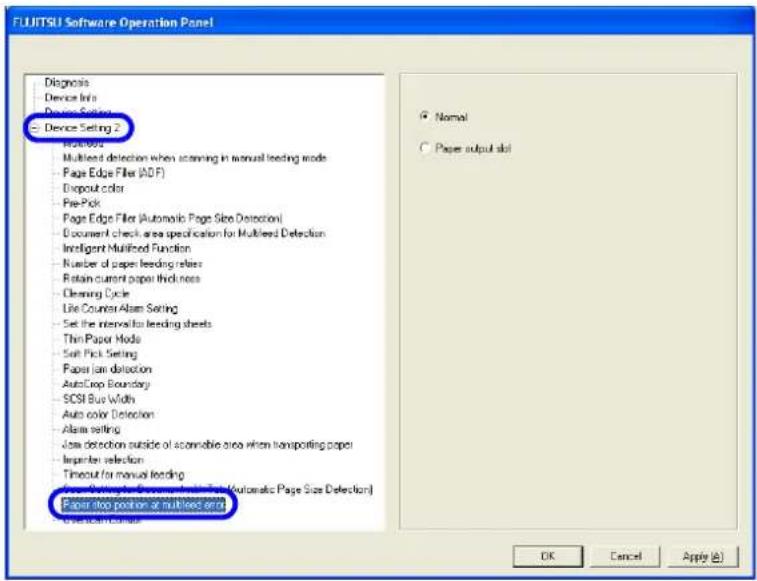 FUJITSU fi-5950 - Select [Device Setting 2] from left side list in the window, and select [Paper stop position at multifeed error] from its lower level. - 1