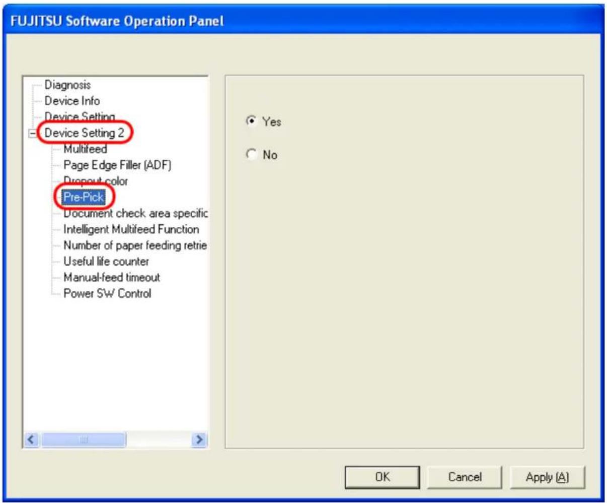 FUJITSU fi-6130 - Select [Device Setting 2] from left side list in the window, and select [Pre-Pick] from its lower level. - 1