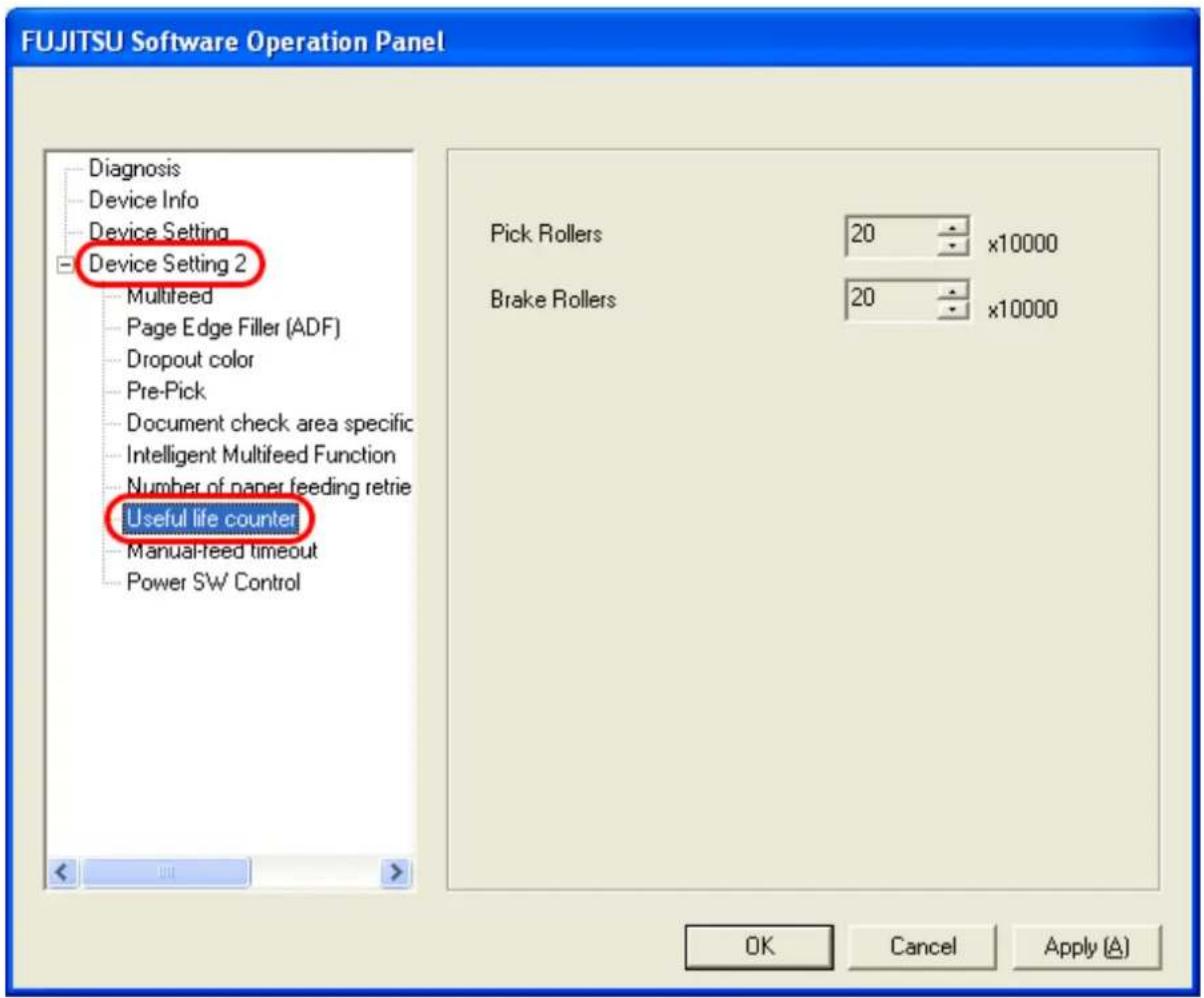 FUJITSU fi-6130 - Select [Device Setting 2] from left side list in the window, and select [Useful life counter] from its lower level. - 1
