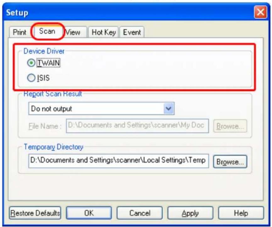 FUJITSU fi-6240 - On the [Scan] tab, under [Driver], select either of drivers. - 1