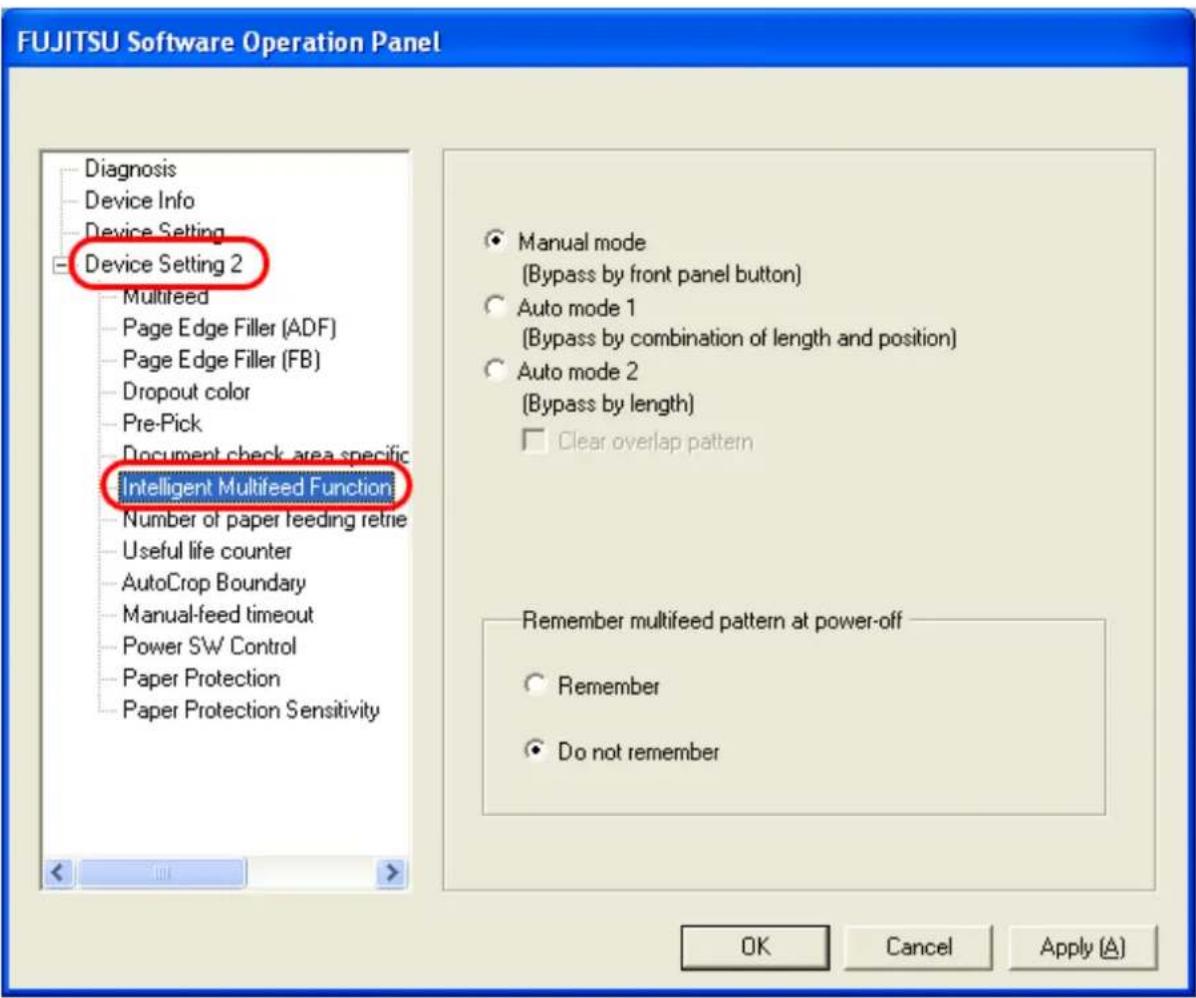 FUJITSU fi-6240 - Select [Device Setting 2] from left side list in the window, and select [Intelligent Multifeed Function] from its lower level. - 1