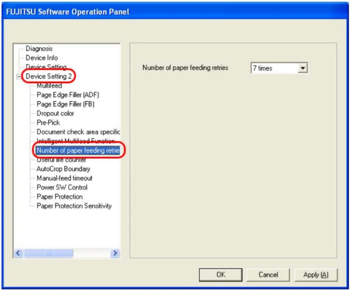 FUJITSU fi-6240 - Select [Device Setting 2] from left side list in the window, and select [Number of paper feeding retries] from its lower level. - 1
