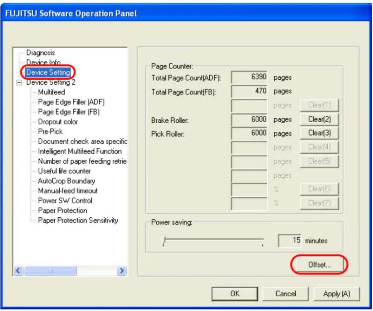 FUJITSU fi-6240 - Select [Device Setting] from the left side list in the window, and click [Offset]. - 1