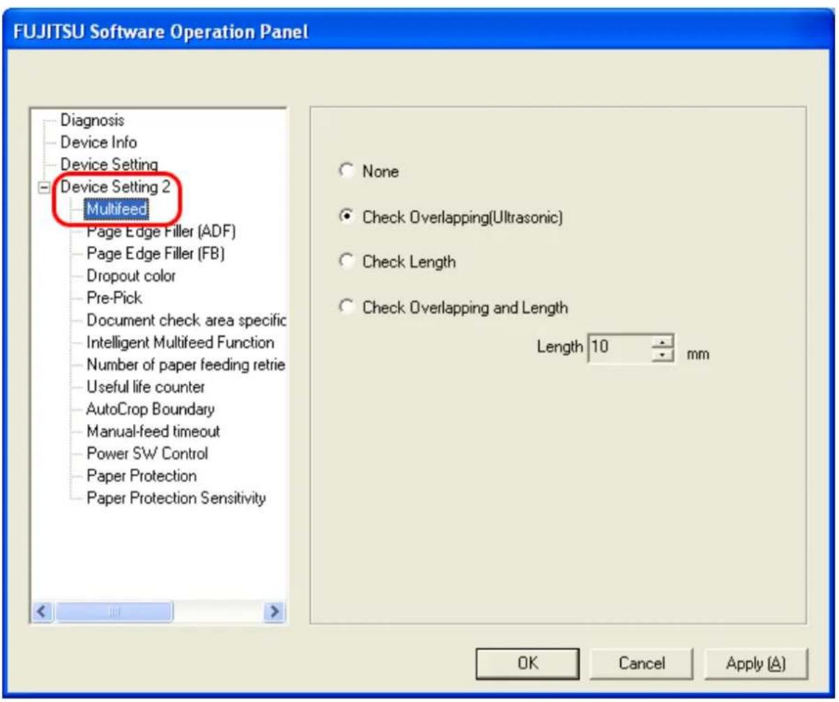 FUJITSU fi-6240 - Select [Device Setting 2] from the left side list in the window, and select [Multifeed] from its lower level. - 1