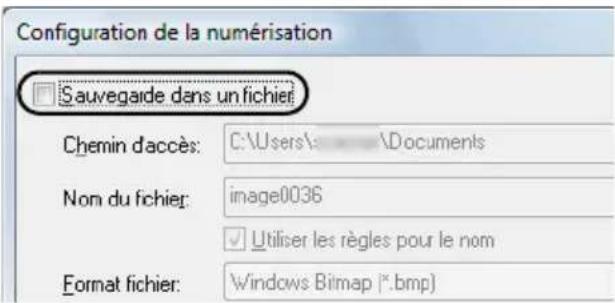 Configuration de la numérisation Sauvegaïde dans un fichier Chemin d'accès: C:\Users\Documents Non du fichier: image0036 Utiliser les règles pour le nom Format fichier: Windows Bitmap (*.bmp)