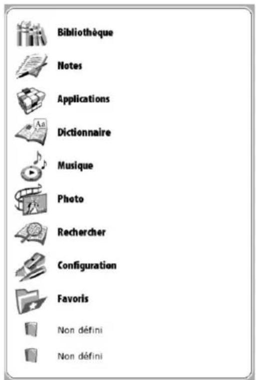 Bibliothèque Notes Applications Dictionnaire Musique Photo Rechercher Configuration Favoris Non défini Non défini