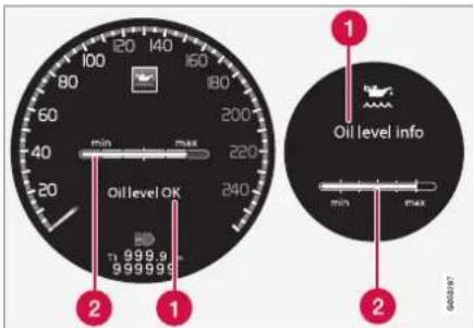 100 80 140 160 180 200 60 40 20 240 min max 220 Oillevel OK 9 999.9 999999 2 1 Oil level info min max 2 600397