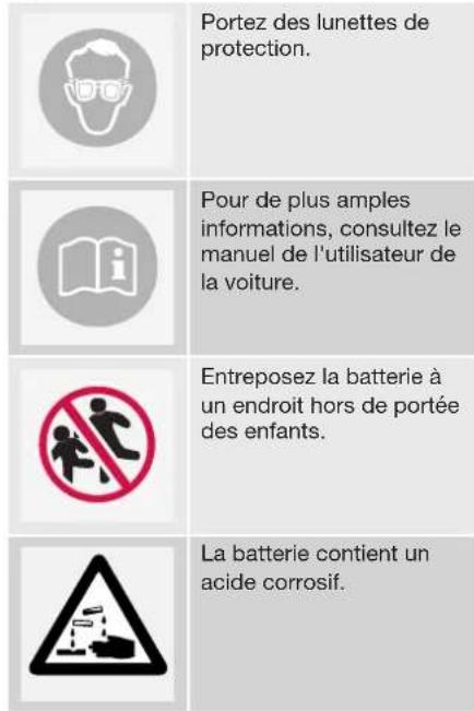 Portez des lunettes de protection. Pour de plus amples informations, consultez le manuel de l'utilisateur de la voiture. Entreposez la batterie à un endroit hors de portée des enfants. La batterie contient un acide corrosif.