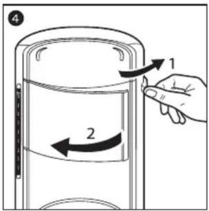 Diagram showing a hand pressing down an object with two labeled arrows indicating motion or rotation directions.