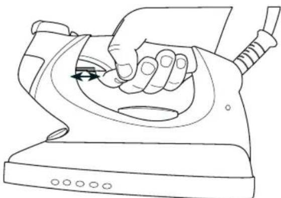 Line drawing of a hand using a power iron to press down a button (no text or symbols present)