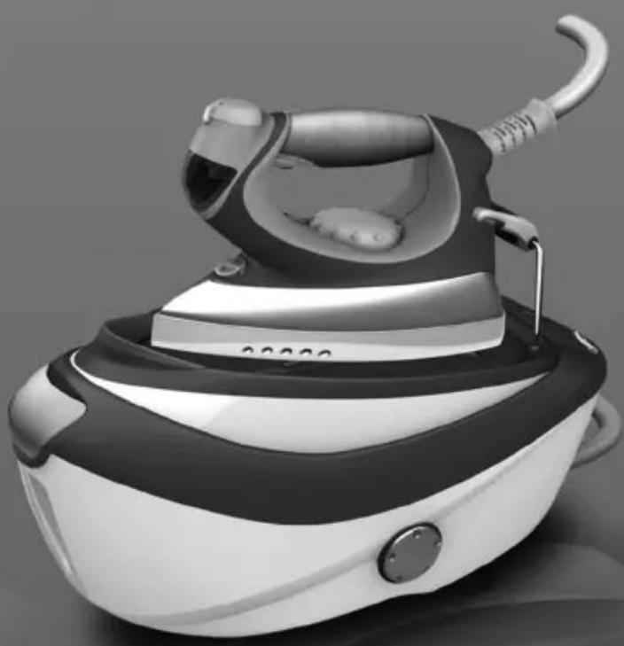 Black and white photo of a steam iron with a curved handle and control panel (no visible text or symbols)