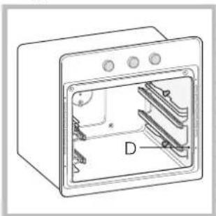 Technical line drawing of a microwave oven with internal components and labeled part D (no text or symbols beyond label)