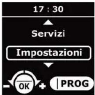graph TD A["17 : 30"] --> B["Servizi"] B --> C["Impostazioni"] C --> D["OK + PROG"]
