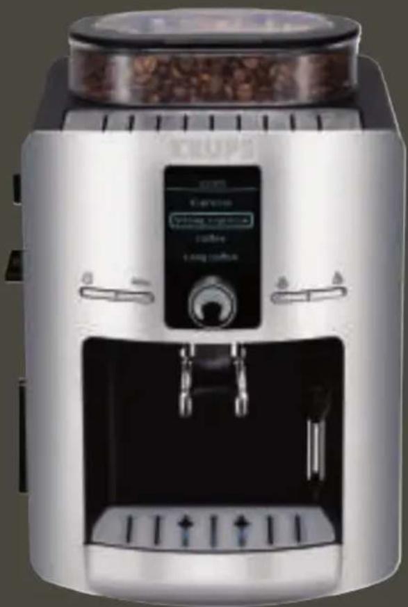 Exterior view of a modern coffee machine with glass lid and control panel. No visible text or symbols.