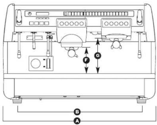 Technical diagram of a coffee machine with labeled parts A, B, and F indicating seating or positioning.