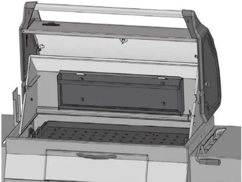 Technical line drawing of a portable stove or oven with open door, vent, and drawer (no text or symbols)