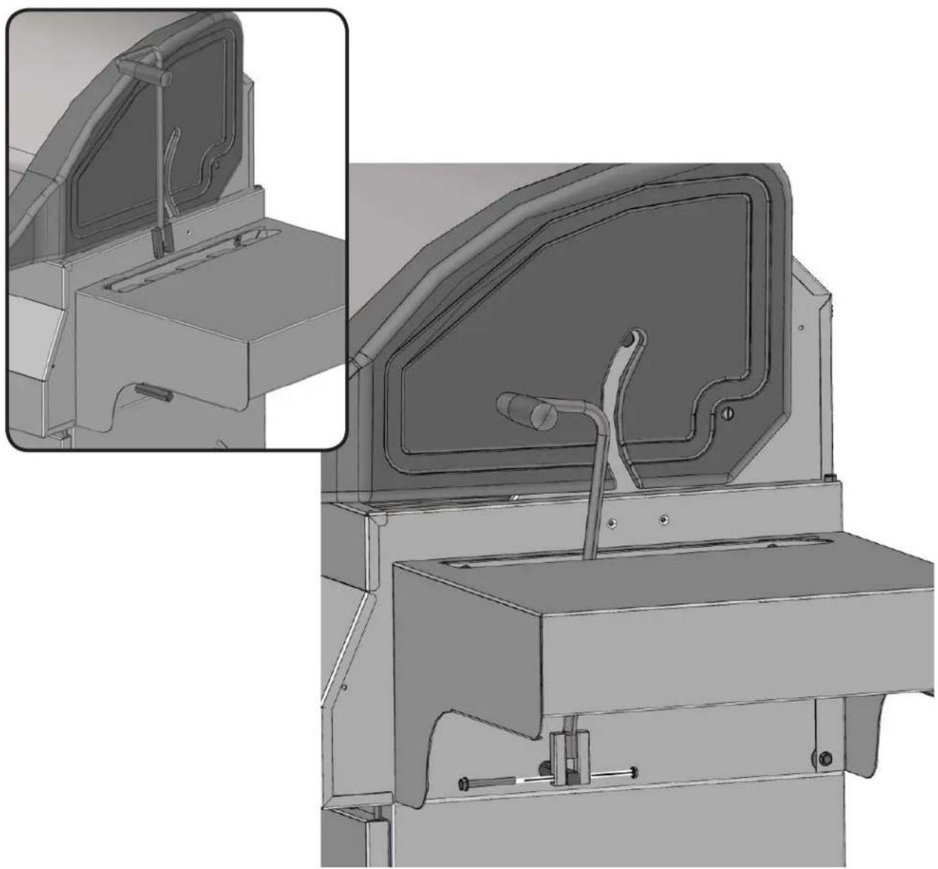 Technical line drawing of a mechanical device with internal components and mounting bracket (no text or symbols)