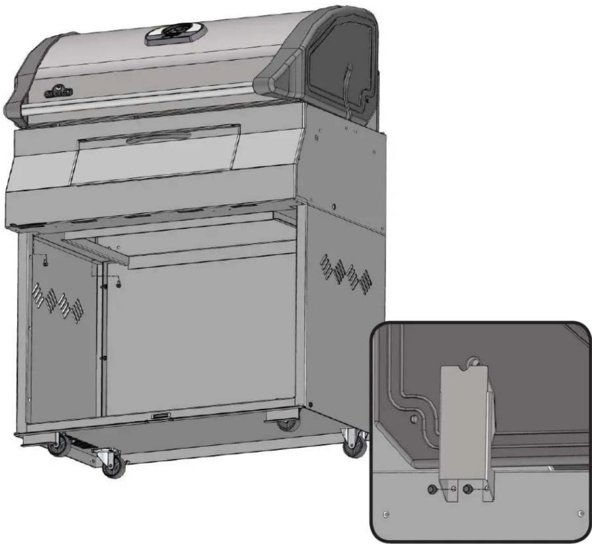 Technical line drawing of a portable industrial machine with wheels and internal compartments, shown from two views (no text or symbols present)