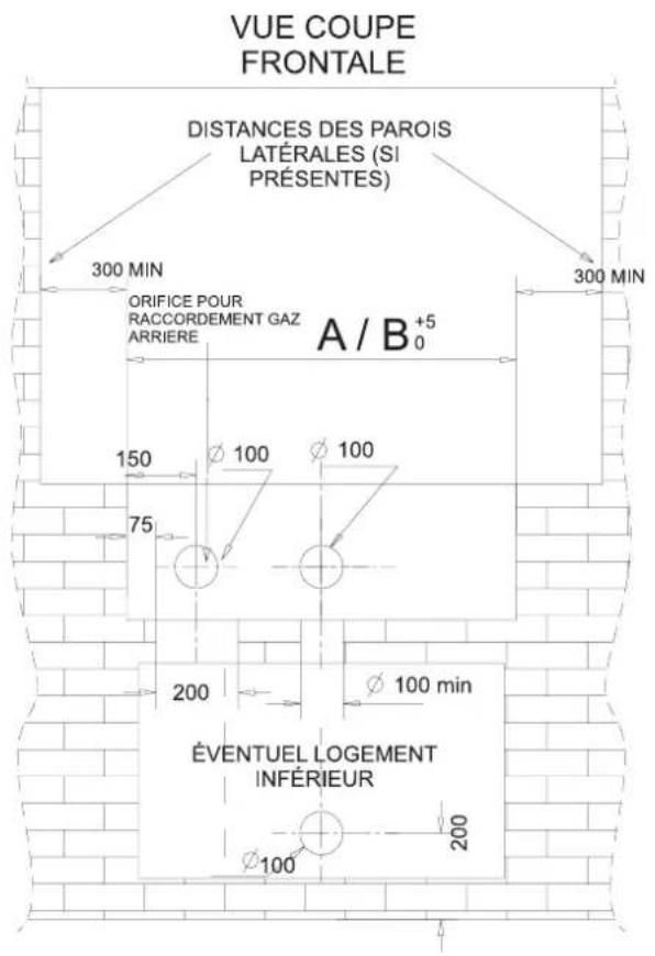 VUE COUPE FRONTALE DISTANCES DES PAROIS LATÉRALES (SI PRÉSENTES) 300 MIN ORIFICE POUR RACCORDEMENT GAZ ARRIERE A / B +5 0 150 Ø 100 Ø 100 75 200 Ø 100 min ÉVENTUEL LOGEMENT INFÉRIEUR Ø 100 200