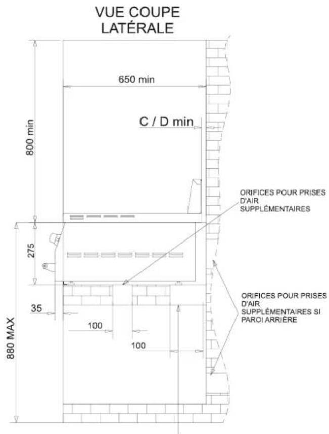 VUE COUPE LATÉRALE 650 min C / D min 800 min 275 35 100 100 880 MAX ORIFICES POUR PRISES D'AIR SUPPLÉMENTAIRES ORIFICES POUR PRISES D'AIR SUPPLÉMENTAIRES SI PAROI ARRIÈRE