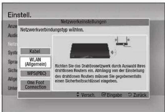 Einstell. Anze Audio Netz Systa Sprau Sichte Allige Unter Netzwerkverbindungstyp wählen. Kabel WLAN (Allgemein) WPS(PBC) One Foot Connection Richten Sie das Drahtlosnetzwerk durch Auswahl Ihres drahtlosen Routers ein. Abhängig von der Einstellung des drahtlosen Routers müssen Sie gegebenenfalls einen Sicherheitsschlüssel eingeben. Versch. Eingabe Zurück