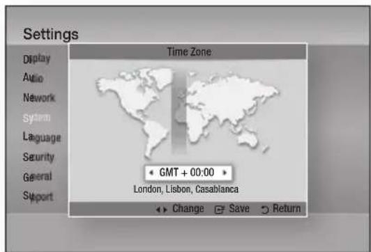 Settings Display Audio Network System Language Security General Support Time Zone GMT + 00:00 London, Lisbon, Casablanca Change Save Return