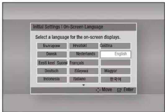 Initial Settings I On-Screen Language Select a language for the on-screen displays. Былгарокн Hrvatski Čeština Dansk Nederlands English Eesti keel Suomi Français Deutsch Емгунків Magyar Indonesia Italiano 한국어 Move Enter