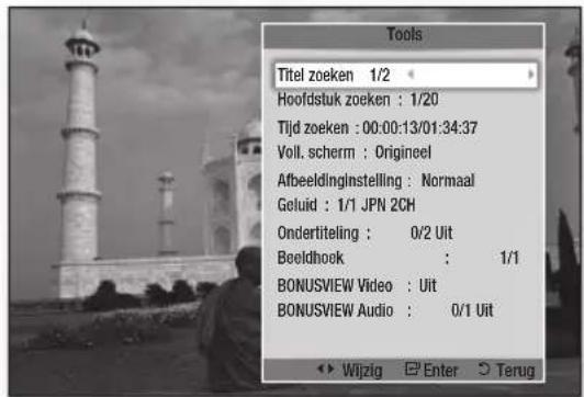 Tools Titel zoeken 1/2 Hoofdstuk zoeken : 1/20 Tijd zoeken : 00:00:13/01:34:37 Voll. scherm : Origineel Afbeeldinginstelling : Normaal Geluid : 1/1 JPN 2CH Ondertiteling : 0/2 Uit Beeldhook : 1/1 BONUSVIEW Video : Uit BONUSVIEW Audio : 0/1 Uit Wijzig Enter Terug