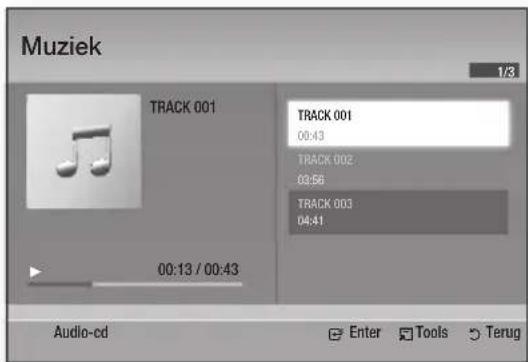 Muziek 1/3 TRACK 001 00:43 TRACK 002 00:56 TRACK 003 04:41 00:13 / 00:43 Audio-cd Enter Tools Terug
