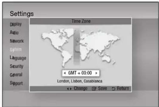 Settings Display Auto Network System Language Security General Support Time Zone GMT + 00:00 London, Lisbon, Casablanca Change Save Return