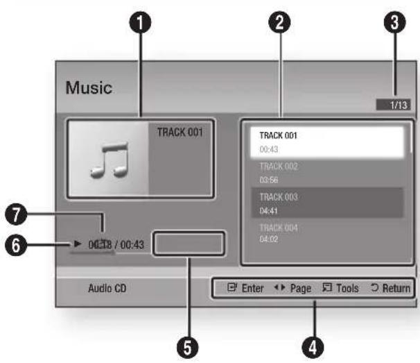 Music 1/13 TRACK 001 00:43 TRACK 002 03:56 TRACK 003 04:41 TRACK 004 04:02 Audio CD Enter Page Tools Return