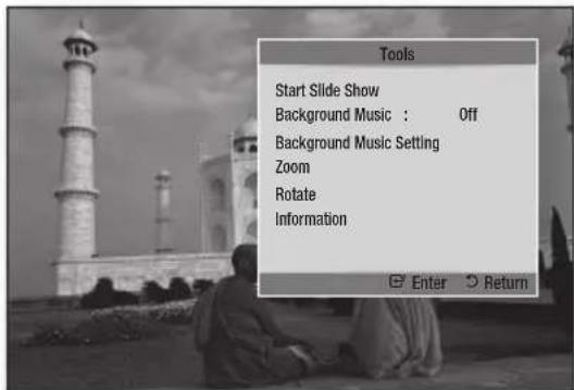 Tools Start Slide Show Background Music : Off Background Music Setting Zoom Rotate Information