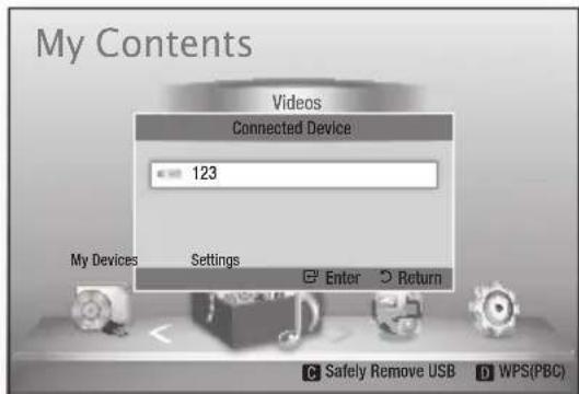 My Contents Videos Connected Device 123 My Devices Settings Enter Return C Safely Remove USB WPS(PBC)