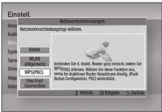 Einstell. Netzwerkestellungen Anze Audio Netz Systa Sprai Sichte Allge Unter Netzwerkverbindungstyp wählen. Kabel WLAN (Allgemein) WPS(PBC) One Foot Connection Verbinden Sie d. draht, Router ganz einfach, indem Sie WPS(PBC) drücken. Wählen Sie diese Funktion aus, wern Ihr drahtloser Router Knopfdruck-Konfig. (Push Button Configuration, PBC) unterstützt. Versch. Eingabe Zurück