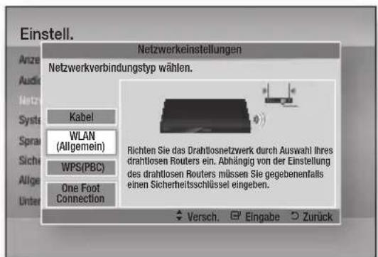 Einstell. Anze Audio Netz Systa Sprau Siche Allige Unter Netzwerkinstellungen Netzwerkverbindungstyp wählen. Kabel WLAN (Allgemein) WPS(PBC) One Foot Connection Richten Sie das Drahtlosnetzwerk durch Auswahl Ihres drahtlosen Routers ein. Abhängig von der Einstellung des drahtlosen Routers müssen Sie gegebenenfalls einen Sicherheitsschlüssel eingeben. Versch. Eingabe Zurück