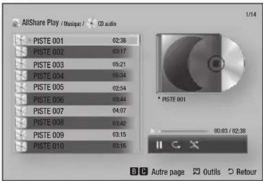 AllShare Play / Musique / CD audio PISTE 001 02:38 PISTE 002 03:17 PISTE 003 05:21 PISTE 004 05:34 PISTE 005 02:54 PISTE 006 03:44 PISTE 007 04:07 PISTE 008 03:42 PISTE 009 03:15 PISTE 010 03:16 1/14 * PISTE 001 00:03 / 02:38 B C Autre page Outils Retour