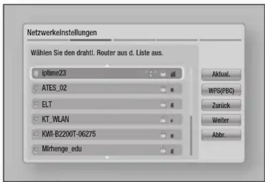 Netzwerkeinstellungen Wählen Sie den drahtl. Router aus d. Liste aus. Iptime23 ATES_02 ELT KT_WLAN KWI-B2200T-06275 Mirhenge_edu Aktual. WPS(PBC) Zurück Weiter Abbr.