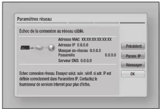 Paramètres réseau Echec de la connexion au réseau câblé. Adresse MAC XX:XX:XX:XX:XX:XX Adresse IP 0.0.0.0 Masque ss-résseau 0.0.0.0 Passerelle 0.0.0.0 Serveur DNS 0.0.0.0 Précédent Param. IP Réessayer OK Echec connexion réseau. Essayez solut. suiv. vérif. si adr. IP est définie correctement dans Paramètres IP. Contactez le fournisseur de services Internet pour plus d'infos.