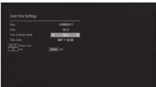 Date/Time Settings Date 10/08/2011 Time 19:32 Time Setting Mode 0 Auto 10 Time Zone GAT = 02:00 41:50 Pange Value 50 Set MENU Time