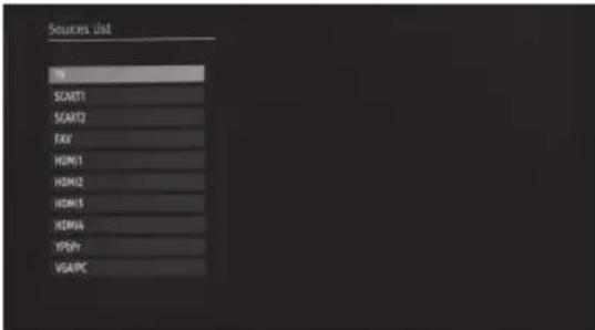 Sources list SCART1 SCART2 FXV HOM1 HOM2 HOM3 HOM4 YPSY VGAPC