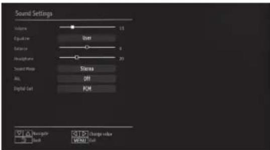 Sound Settings Volume 15 Equator User Balance 8 Headframe 20 Sound Filter Stereo Alt OFF Digital Opt ROM Navigate back Change value RESET Full