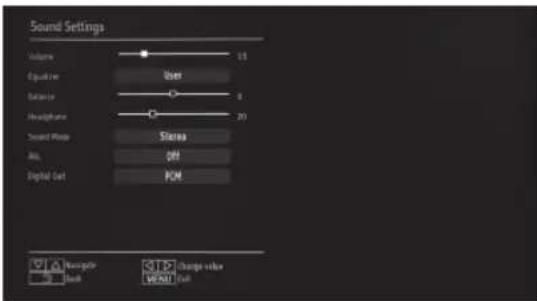 Sound Settings Volume 15 Equalizer User Balance 8 Headframe 20 Sound Mode Stereo Alt OFF Digital Opt ROM Navigator Change value Back Cancel