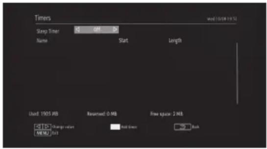 Timers Sleep Timer OFF Name Start Length Used: 1905 MB Reserved: 0 MB Free space: 2 MB Change return Add time Back MENU full