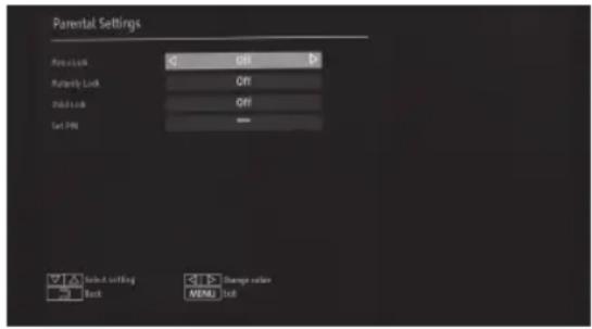 Parental Settings Rotation 0 OFF Navigation Lock OFF Default Lock OFF Set Time — Select setting Change value Back MENU Left