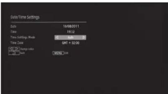 Date/Time Settings Date 16/08/2011 Time 19:52 Time Settings Media 0,Auto 0 Time Date GNT + 02:00 [0] Change value [1] Back MENU Time
