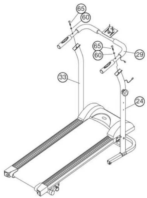 Christopeit Runner Pro Magnetic - STAP 5: Montage van de leuning (29) aan de steunbuizen links (33) en rechts (24) met behulp van de bouten M8x45 (65) en de gebogen tussenringen 8//22 (60). - 1