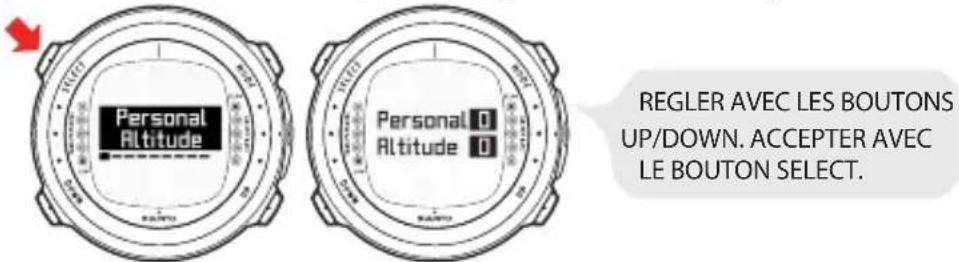 Personal Altitude Personal Altitude REGLER AVEC LES BOUTONS UP/DOWN. ACCEPTER AVEC LE BOUTON SELECT.